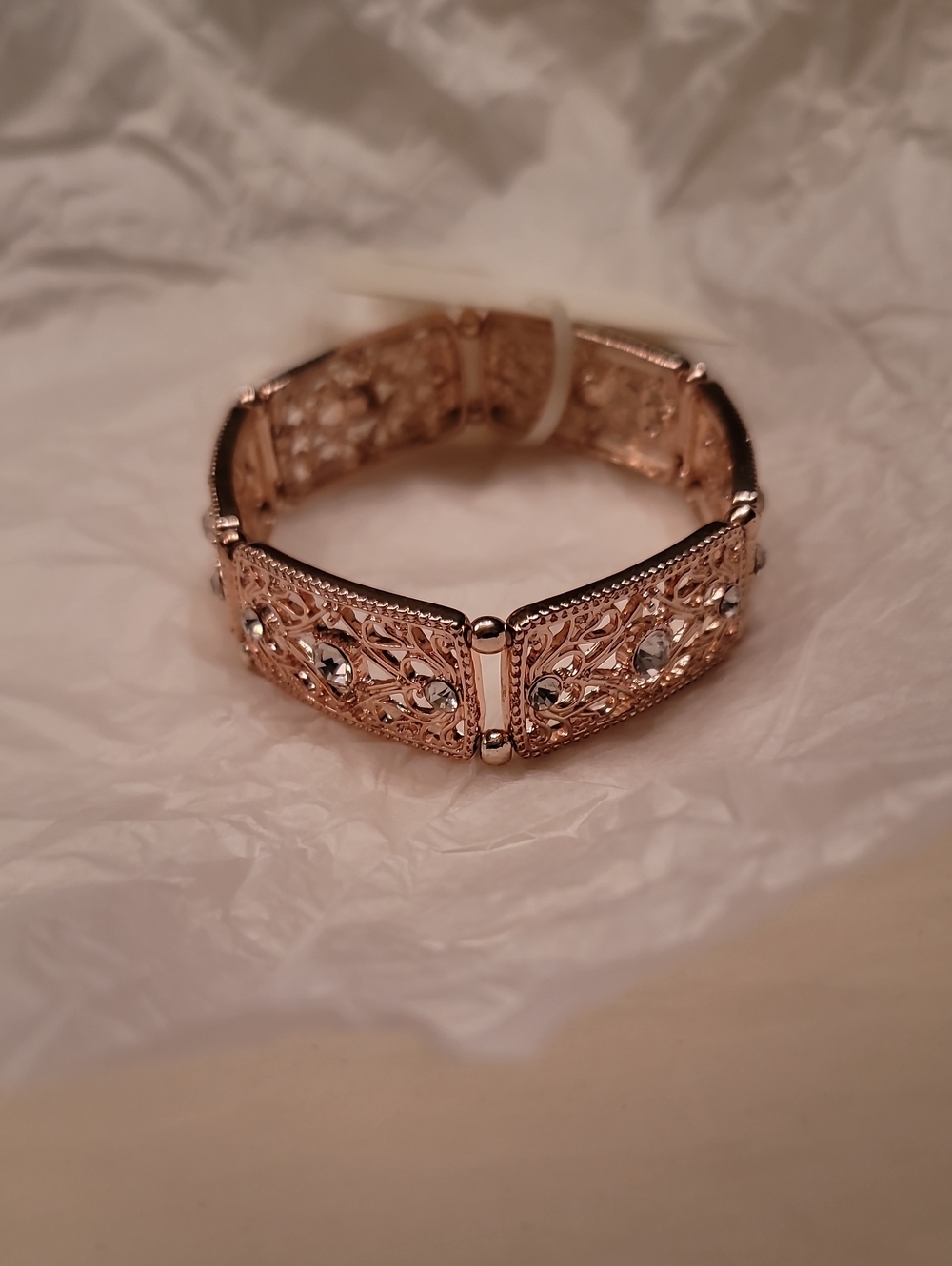 C Rose Gold Filigree Bracelet with Clear Crystals